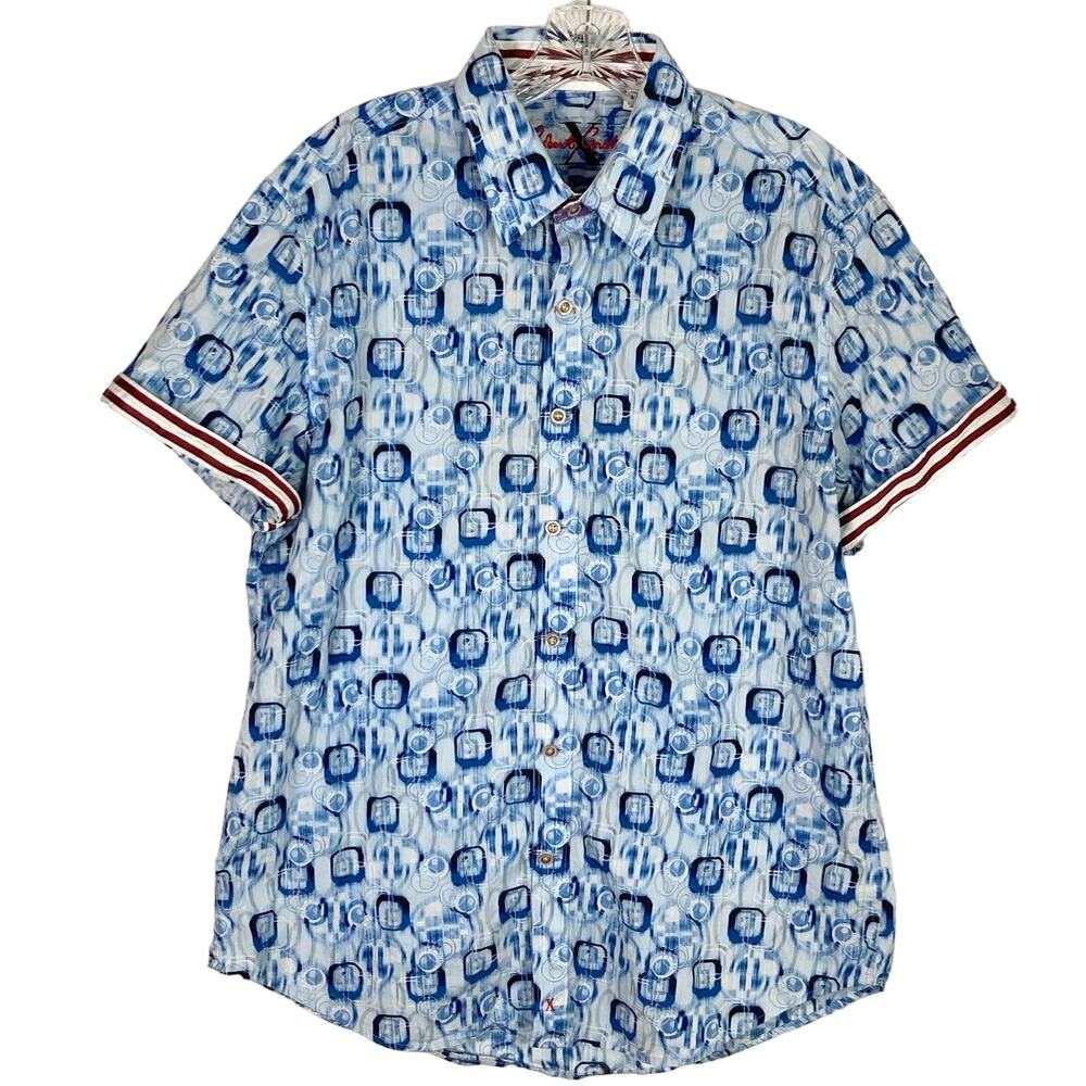 NWOT ROBERT GRAHAM Shirt XL Geometric Print Blue Stripe Red White Short Sleeve